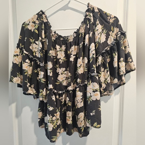 szS American Eagle Floral Off-Shoulder Peasant Top Tiered Bohemian Blouse - Picture 6 of 9
